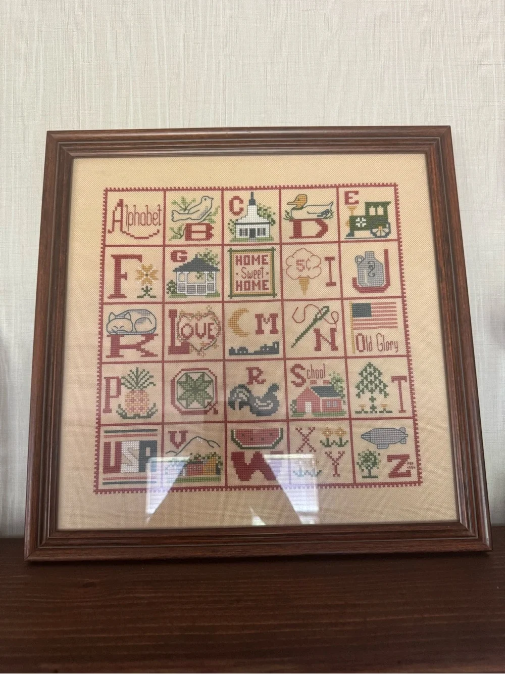 Framed Alphabet Cross-Stitch Wall Art - Brown & Cream